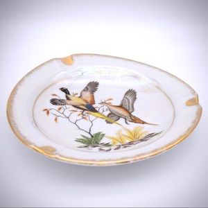 Royal Crown Pearlized Ashtray Vintage Lusterware Gold Trim Fowl Pheasant Cigar